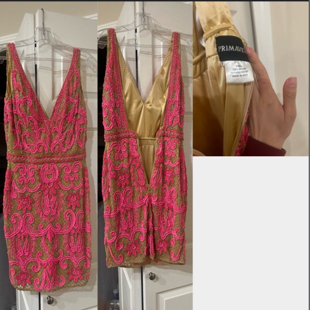 🌸 Primavera Pink & Nude Beaded Cocktail Dress – Size 8